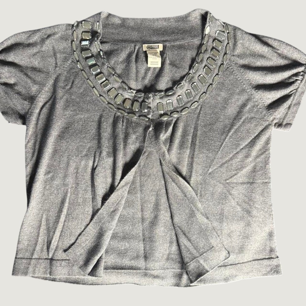 Route 66 Gray Jewel Neck Short Sleeve Cardigan Sweater Rabbit Hair Blend Medium